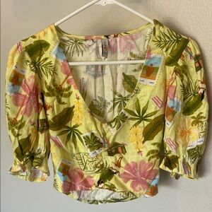 Tropical Print V-Neck Puff Sleeve Blouse